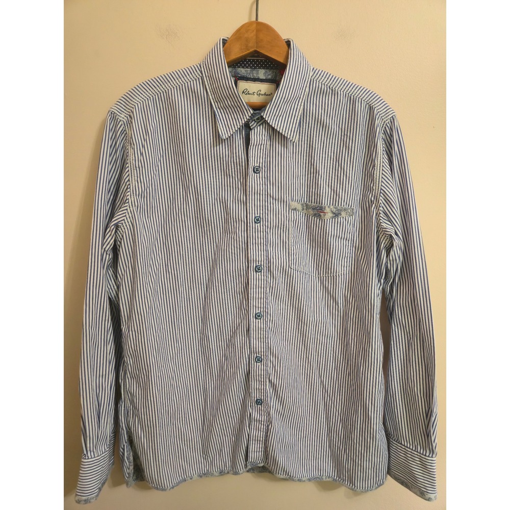 Robert Graham Mens Lg Blue White Striped Tailored Fit Button Down Shirt Cotton